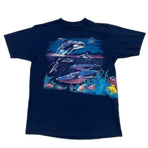 Vintage 90s Ocean Animals Whale Nature Wrap Around Single Stitch Navy T-Shirt L
